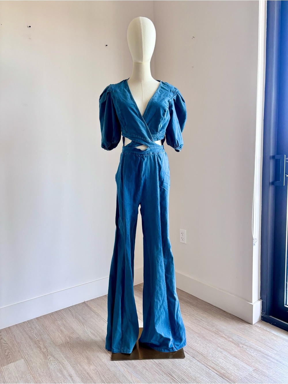 Flying Tomato Teal-Blue Wide Leg Wrap Jumpsuit with Puff Sleeves